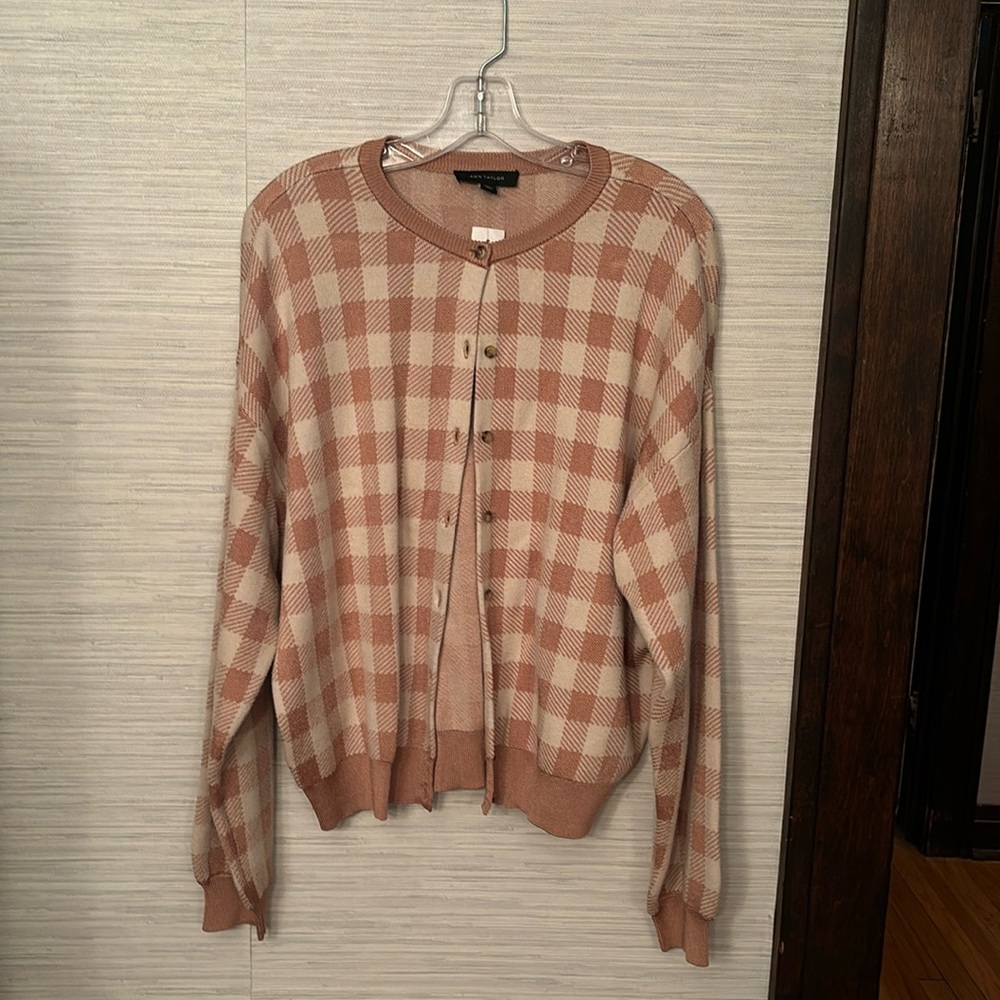 Ann Taylor plaid cardigan with metallic sheen